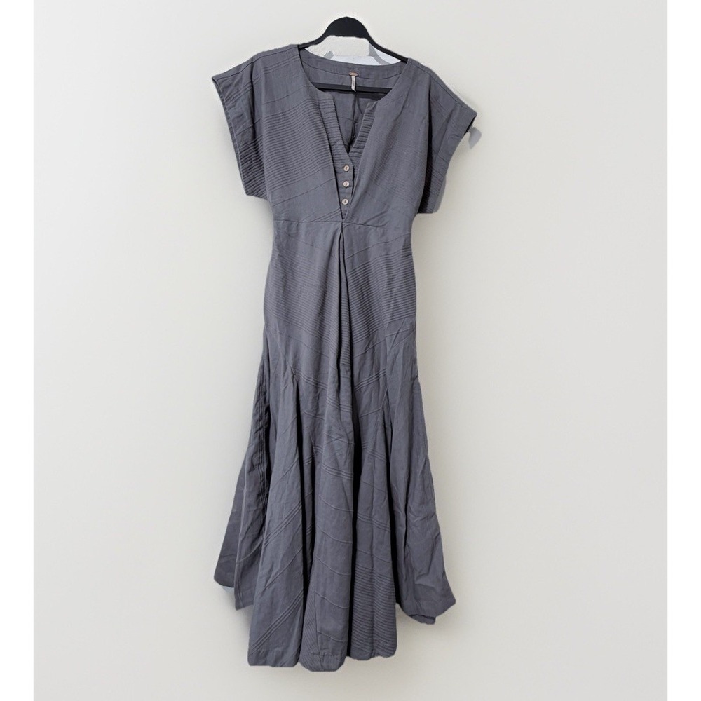 Free People Blue / Grey Outta Here Midi Dress Cotton Full Skirt Pleated Dress XS